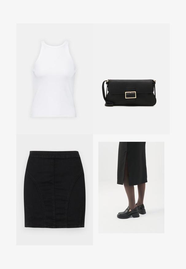 Top alb fără mâneci, confecționat din material ribbed, prezentând un decolteu rotund și o siluetă ajustată, cu cusături minime și fără ornamente.; Fustă mini din denim negru, cu un design ajustat, panouri structurate și cusături vizibile pentru un detaliu suplimentar. Textură netedă și siluetă elegantă.; Pantofi din piele neagră cu vârful rotund, toc bloc gros și accente elastice pe lateral, asortați cu colanți închiși la culoare și o fustă neagră cu o fanta.; Geantă de mână din piele neagră, cu clapetă și un detaliu din metal auriu. Include o curea neagră și un design elegant, minimalist.