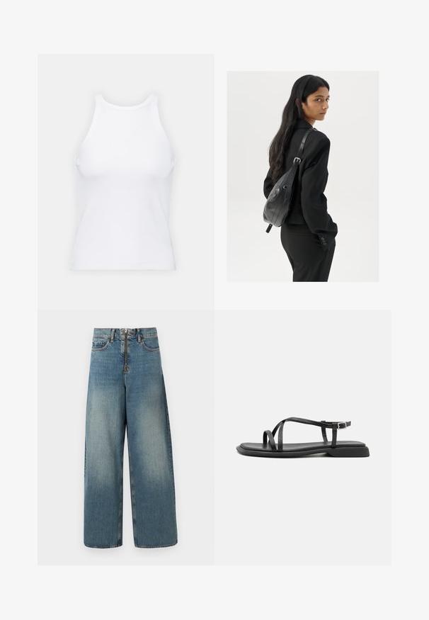 Hvit ermeløs tanktop laget av ribbet stoff, med rund hals og en tettsittende silhuett, med minimale sømmer og ingen dekorasjoner.; Bukse med vid ben i lys blå vask. Har glidelås og knappelukking, samt subtil falming for et brukt utseende.; Sorte flate sandaler med tynne justerbare stropper, rektangulær tåpost og en teksturert matte finish. Har en lav, lett firkantet hæl.; Kvinne med langt mørkt hår iført et svart jakkesett, som bærer en svart skinn skulderveske, og ser over skulderen mot en hvit bakgrunn.