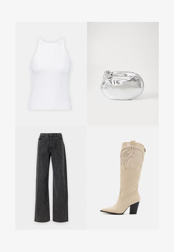 Bijela majica bez rukava napravljena od rebraste tkanine, s okruglim izrezom i uklapajućim siluetom, s minimalnim šavovima i bez ukrasa.; Noisy May NMJANNEL LOOSE - Traperice opuštenog kroja - black denim; Even&Odd Kaubojske/motorističke čizme - beige; Srebrna metalik torbica s mekim, zaobljenim oblikom i čvorastim zatvaranjem na vrhu. Izrađena od glatke sintetičke kože.; Srebrne okrugle naušnice s minimalističkim dizajnom. Kružni oblik, glatka tekstura i tanak profil. Lagane s poliranim završetkom.