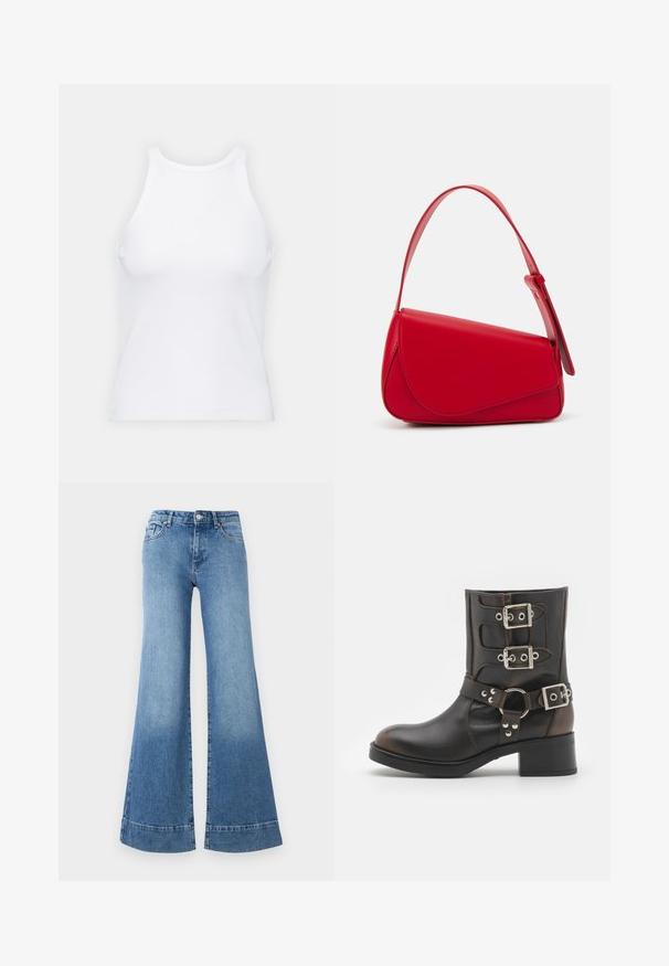 Top de tirantes blanco sin mangas hecho de tela acanalada, con un escote redondeado y una silueta ajustada, con costuras mínimas y sin adornos.; Jeans de mezclilla de color azul claro, acampanados, con cintura alta, piernas amplias y un ligero desteñido. Presentan un diseño clásico de cinco bolsillos y cierre de botón metálico.; Botín de cuero negro hasta el tobillo con tres hebillas plateadas ajustables, una correa de acento circular y un tacón bajo tipo bloque. Textura suave y puntera redondeada.; Bolso de cuero rojo con un diseño angular y geométrico. Cuenta con una única correa ajustable y un cierre de solapa con detalles de costura.