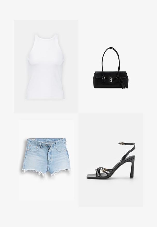 Bela brezrokavna majica iz rebraste tkanine, z zaobljenim izrezom in prilegajočim silhueto, z minimalnimi šivi in brez okraskov.; Svijetloplave traper šorts hlače s visokim strukom, izrezanim rubom, dizajnom s pet džepova i kontrastnim šavovima. Dva dugmeta na zatvaranju sprijeda.; Črne visoke sandale z jeklenkami iz sijoče usnja. Imajo križne naramnice s pozlačenimi kramplji in zaponko na naramnici za gleženj.; Črna usnjena torbica z gladko teksturo, strukturirano zasnovo, dvema ročkama in s srebrnim sponko na sredini.