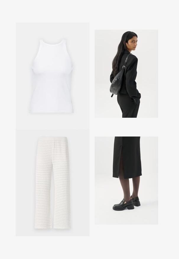 Biela bezrukávová tielko vyrobené z rebrovanej látky, s okrúhlym výstrihom a priliehavým strihom, s minimálnymi švami a bez ozdôb.; Biele textúrované nohavice s vaflovým vzorom, ktoré majú elastický pás a široké nohy s vlnitými okrajmi na spodku.; Čierne kožené topánky s okrúhlou špičkou, silným blokovým opätkom a elastickými bočnými akcentmi, skombinované s tmavými pančuchami a čiernou sukňou so štiepením.; Žena s dlhými tmavými vlasmi, oblečená v čiernom obleku, nesúca čiernu koženú kabelku na ramene, pozerajúca cez rameno na bielom pozadí.