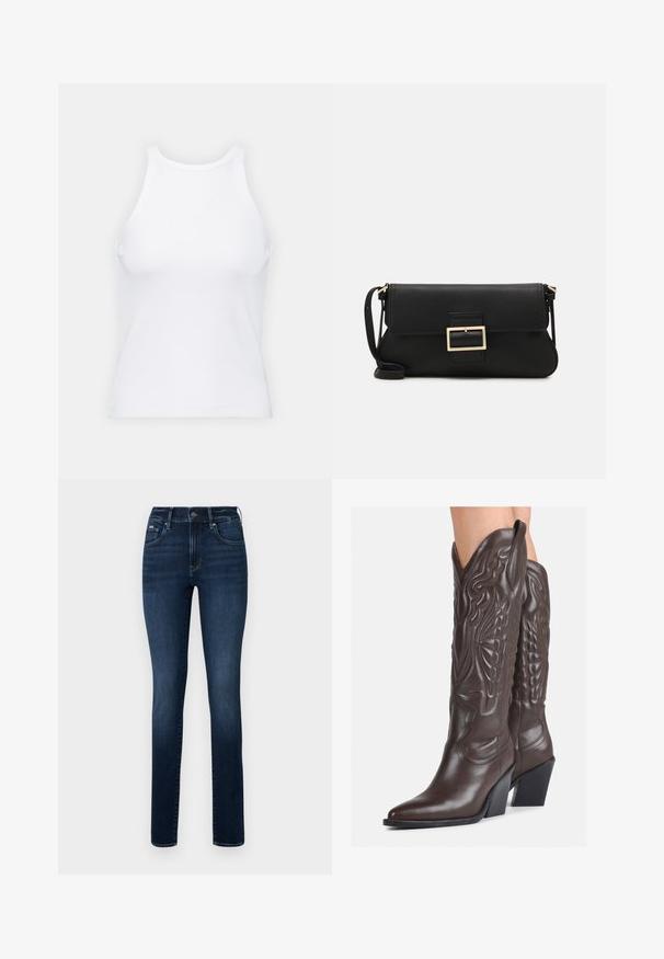 White sleeveless tank top made of ribbed fabric, featuring a rounded neckline and a fitted silhouette, with minimal seams and no embellishments.; Dark blue jeans made of denim, featuring a straight-leg cut, five-pocket design, and a button closure at the waistband.; Brown leather cowboy boots with pointed toe and block heel, featuring detailed stitching and raised accents on the shaft.; Black leather clutch bag with a flap and a gold metal buckle detail. Includes a black strap and a sleek, minimalist design.; Gold hoop earrings with a smooth, shiny finish. Circular design featuring a small post and clear backing for secure wear.