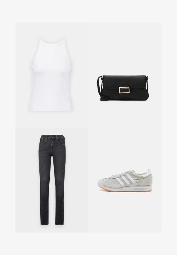 White sleeveless tank top made of ribbed fabric, featuring a rounded neckline and a fitted silhouette, with minimal seams and no embellishments.; Black denim jeans with a slim fit, high waist, button closure, and traditional five-pocket design. Smooth texture, minimal fading.; Light grey sneaker made of suede and mesh, featuring three white stripes, round toe, and a gum rubber sole. Gold logo accent near laces.; Black leather clutch bag with a flap and a gold metal buckle detail. Includes a black strap and a sleek, minimalist design.; Silver hoop earrings with a twisted design, featuring a polished finish and post-back closure. Measure approximately 3 cm in diameter.
