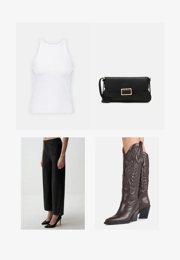 Witte mouwloze tanktop van ribstof, met een ronde halslijn en een aansluitende pasvorm, met minimale naden en zonder versieringen.; Brede zwarte leren broek met een gladde textuur, voorzien van een ritssluiting aan de voorkant, hoge taille en zijzakken. Ggedragen met zwarte puntige hakken.; Bruine leren cowboylaarzen met een spitse neus en blokhak, voorzien van gedetailleerde stiksels en verhoogde accenten op de schacht.; Zwarte leren clutch met een klep en een gouden metalen sluiting. Inclusief een zwarte schouderband en een slank, minimalistisch ontwerp.