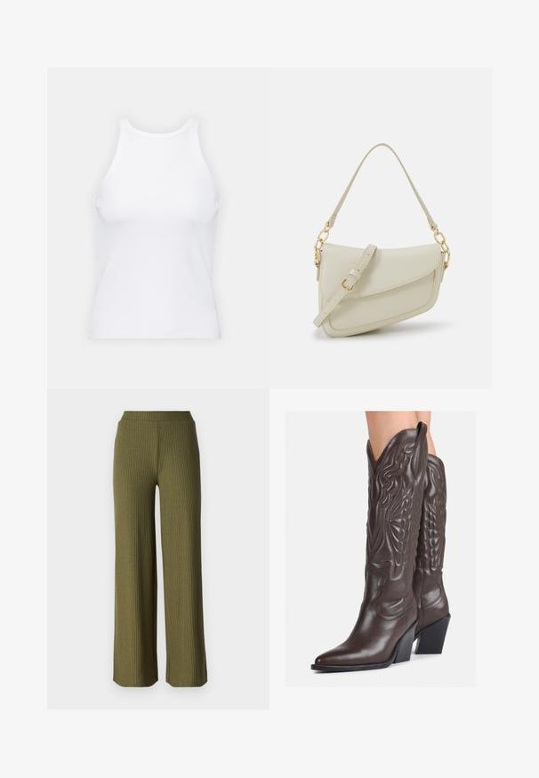 Bela brezrokavna majica iz rebraste tkanine, z zaobljenim izrezom in prilegajočim silhueto, z minimalnimi šivi in brez okraskov.; Olivno zelene, rebraste hlače širokih nogavici z mehko teksturo in elastičnim pasom. Imajo ravno krojenje in dolgo dolžino.; Rjave usnjene kavbojske čevlje z ostrim nosom in blok peto, ki vsebujejo podrobno šivanje in dvignjene dodatke na zgornjem delu.; Mala kremna torbica z teksturiranim zaključkom, dolgim nastavljivim trakom, verižnim poudarkom in zapiranjem na poklop. Detajli iz zlatega kovinskega materiala.