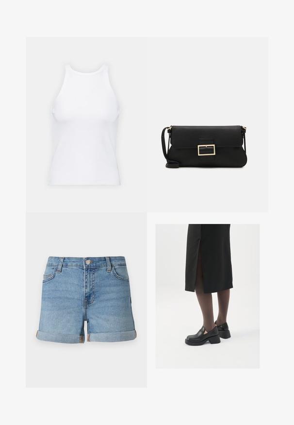 Vit ärmlös linne av ribbat tyg, med rundad halsringning och smal silhuett, med minimala sömmar och utan dekorationer.; Ljusblå denimshorts med rullade fållar, en framknäppning och design med fem fickor som har kontrasterande sömnadsdetaljer.; Svarta läderskor med rund tå, tjock klack utan häl och elastiska sidodetaljer, kombinerat med mörka strumpbyxor och en svart kjol med slits.; Svart läderkuvertväska med en klaff och detalj i guldmetallspänne. Innehåller en svart rem och en elegant, minimalistisk design.