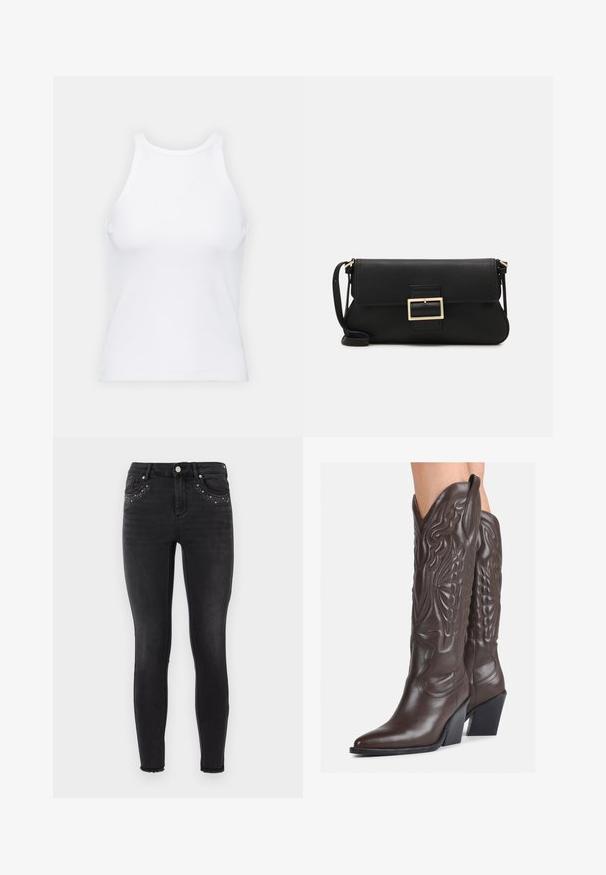 Bela brezrokavna majica iz rebraste tkanine, z zaobljenim izrezom in prilegajočim silhueto, z minimalnimi šivi in brez okraskov.; Črne tesne jeans hlače iz denima z rahlim sijajem. Imajo okrasne stude na sprednjih žepih in raztrgan rob pri gležnjih.; Rjave usnjene kavbojske čevlje z ostrim nosom in blok peto, ki vsebujejo podrobno šivanje in dvignjene dodatke na zgornjem delu.; Črna usnjena torbica na preklop z zlato kovinsko zaponko. Vključuje črn trak in eleganten, minimalističen dizajn.