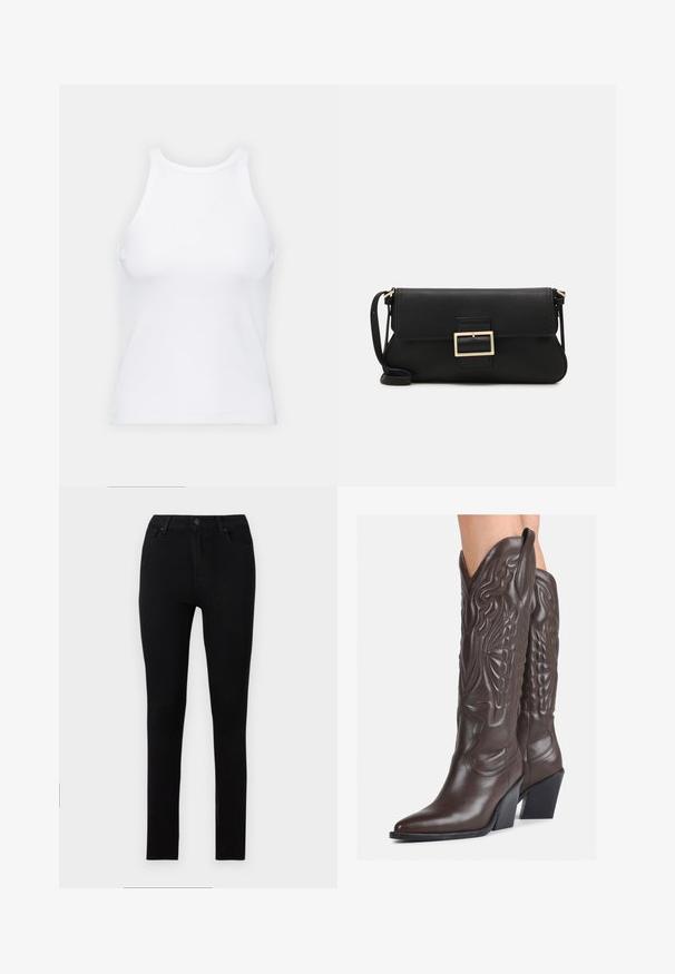 Top alb fără mâneci, confecționat din material ribbed, prezentând un decolteu rotund și o siluetă ajustată, cu cusături minime și fără ornamente.; Blugi skinny negri din denim elastic. Au fermoar și cinci buzunare, cu o textură uniformă și netedă, fără modele vizibile.; Bocanci de cowboy din piele maro, cu vârf ascuțit și toc pătrat, având cusături detaliate și accente ridicate pe tijă.; Geantă de mână din piele neagră, cu clapetă și un detaliu din metal auriu. Include o curea neagră și un design elegant, minimalist.; Cercei din argint cu un design torsadat, având un finisaj lucios și închidere cu tijă. Au un diametru de aproximativ 3 cm.