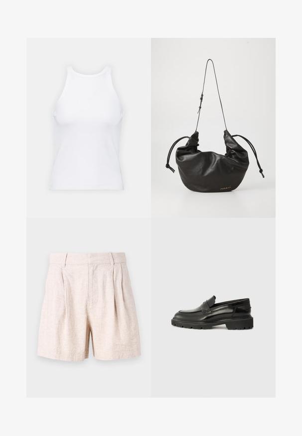 Valkoinen hihaton toppi, joka on valmistettu ribbikankaasta, ja jossa on pyöreä pääntie ja tiukka siluetti, minimaalisin saumoin ja ilman koristeita.; Beige lakanashortsit rentoon istuvuuteen, joissa on laskokset edessä, sivutaskut ja sileä pinta. Yksinkertainen muotoilu, ilman kuvioita.; Musta nahkainen slip-on-kengät, joissa on pyöreä kärki, paksu tekstuuripohja ja hillitty ompelutaito. Takapuolella on pieni logo.; Musta pehmeä nahkainen olkalaukku, jossa on säädettävä ohut hihna, rypytetyt sivut solmittuina, ja pieni kultainen logo etu alakulmassa.