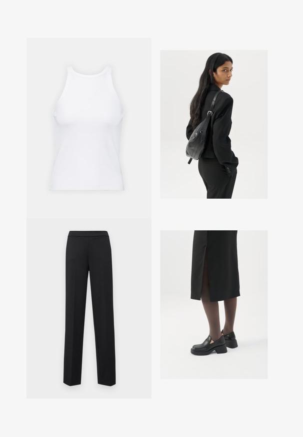 Hvit ermeløs tanktop laget av ribbet stoff, med rund hals og en tettsittende silhuett, med minimale sømmer og ingen dekorasjoner.; ONLY ONLPEACH LIFE PULL UP PANT - Bukse - black; Sorte lærersko med rund tå, tykk blokkheel og elastiske sideaksenter, sammen med mørke strømpebukser og et svart skjørt med splitt.; Kvinne med langt mørkt hår iført et svart jakkesett, som bærer en svart skinn skulderveske, og ser over skulderen mot en hvit bakgrunn.