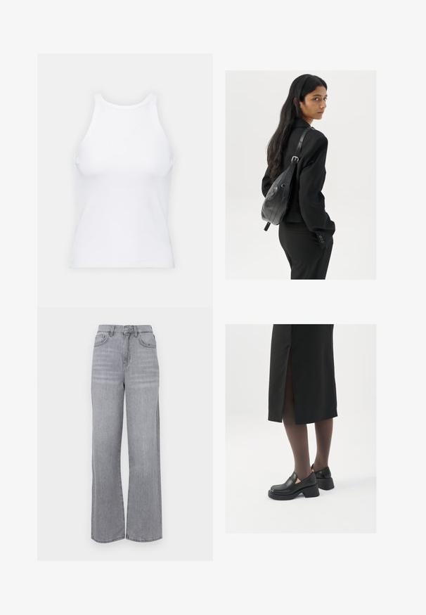 Valge ilma varrukateta T-särk, mis on valmistatud ribakangast, ümarate kaelustega ja kitseneva siluetiga, minimaalse õmbluste ning ilma kaunistusteta.; Kõrgelt taljes laiad teksad helesinisest denimist, mis on pleekinud viimistlusega, eesnupu sulgemise ja viie taskuga.; Mustad mustad jalatsid ümmarguse varbaga, paksu plokkniidi ja elastsete külgdetailidega, kombineeritud tumedate sukkade ja musta lõhikuga seelikuga.; Pikkade tumehaired naine mustas ülikonnas, kandes musta nahast õlakotti, vaatab üle õla valge tausta taustal.; Hõbedased rõngastikkaehingad minimalistlikus disainis. Ümar kuju, sile tekstuur ja õhuke profiil. Kerged ning poleeritud viimistlusega.