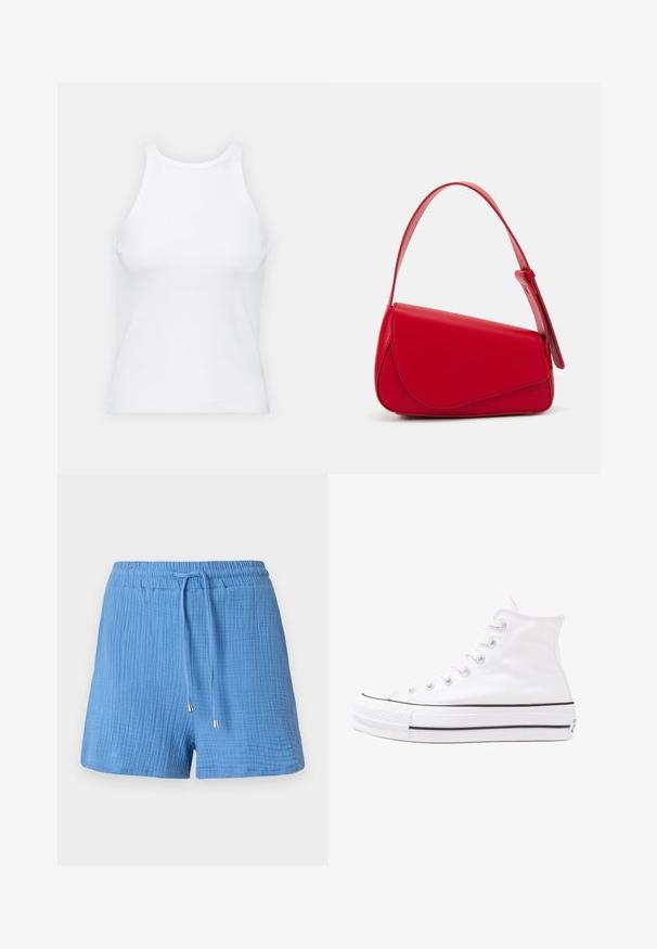 Fehér ujjatlan trikó ribbed anyagból, lekerekített nyakkivágással és testhez simuló siluettel, minimális varrásokkal és díszítések nélkül.; Kék pamut rövidnadrág tejanyaga, textúrált, gyűröt kinézettel, rugalmas derékrésszel, állítható zsinórral és fényes, fémes díszítőelemekkel.; Fehér magaskorsó vászon sportcipő fekete gumi talppal, elülső gumi orrnyereggel és hat fűzőlyukkal, letisztult, minimalista dizájnnal.; Piros bőr kézitáska szögletes, geometrikus kialakítással. Egy állítható pánttal és varrott részletekkel ellátott fedélzárral rendelkezik.