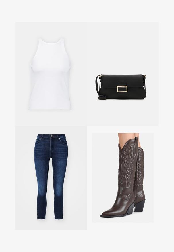 Fehér ujjatlan trikó ribbed anyagból, lekerekített nyakkivágással és testhez simuló siluettel, minimális varrásokkal és díszítések nélkül.; Sötétkék, skinny farmernadrág sima felülettel, világosabb elhalványulással a combokon és cipzáras díszítéssel a szegélyen. Denim anyagból készült.; Barna bőr cowboy csizmák hegyes orral és blokk sarkal, részletes varrással és kiemelkedő díszítésekkel a szárán.; Fekete bőr kézitáska hajtóka részlettel és aranyszínű fém csattal. Tartalmaz egy fekete pántot és egy letisztult, minimális dizájnt.; Arany fülbevalók sima, fényes felülettel. Kör alakú dizájn, amely kis kapoccsal és átlátszó tartozékkal rendelkezik a biztonságos viselés érdekében.