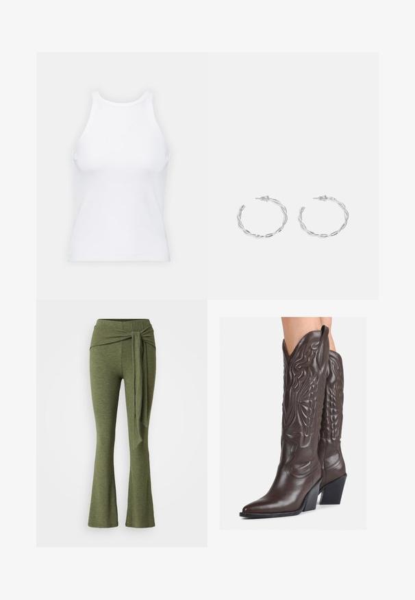 Débardeur blanc sans manches en tissu côtelé, doté d'un col rond et d'une silhouette ajustée, avec des coutures minimales et sans ornements.; Pantalons verts olive en tissu doux avec une coupe évasée. Présente un détail de nœud distinctif à la taille haute.; Bottes de cowboy en cuir marron avec un bout pointu et un talon bloc, présentant des coutures détaillées et des accents en relief sur la tige.; Boucles d'oreilles en argent en forme de créoles avec un design torsadé, dotées d'une finition polie et d'une fermeture à poussoir. Mesurent environ 3 cm de diamètre.