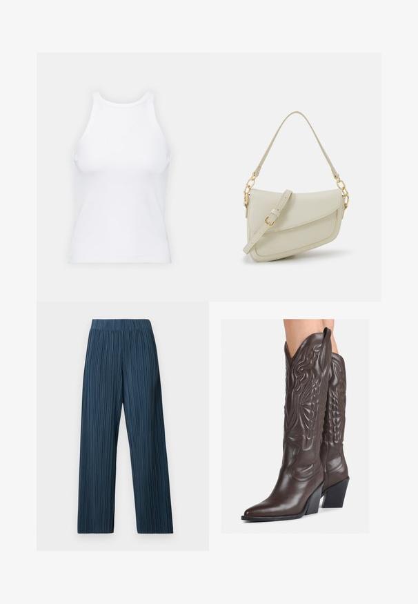 Hvit ermeløs tanktop laget av ribbet stoff, med rund hals og en tettsittende silhuett, med minimale sømmer og ingen dekorasjoner.; Videbenede plissert bukser i mørkeblå. Har en elastisk linning og vertikalt stripete tekstur, laget av et lett stoff.; Brune skinncowboystøvler med spiss tå og blokkhelt, med detaljerte sømmer og hevede detaljer på skaftet.; Liten kremfarget håndveske med teksturert overflate, lang justerbar stropp, kjedeakenter og klaffelukking. Detaljer i gullfarge.