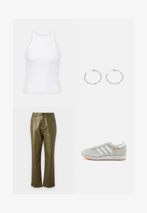 Top de tirantes blanco sin mangas hecho de tela acanalada, con un escote redondeado y una silueta ajustada, con costuras mínimas y sin adornos.; Pantalones de cuero sintético verde oliva con un diseño de pierna recta. Presentan bolsillos frontales y un cierre con cremallera y botón de metal. Textura suave.; Zapatilla de color gris claro hecha de ante y malla, con tres franjas blancas, punta redonda y suela de goma. Acento en logo dorado cerca de los cordones.; Pendientes de aro de plata con diseño retorcido, que presentan un acabado pulido y cierre de presión. Miden aproximadamente 3 cm de diámetro.