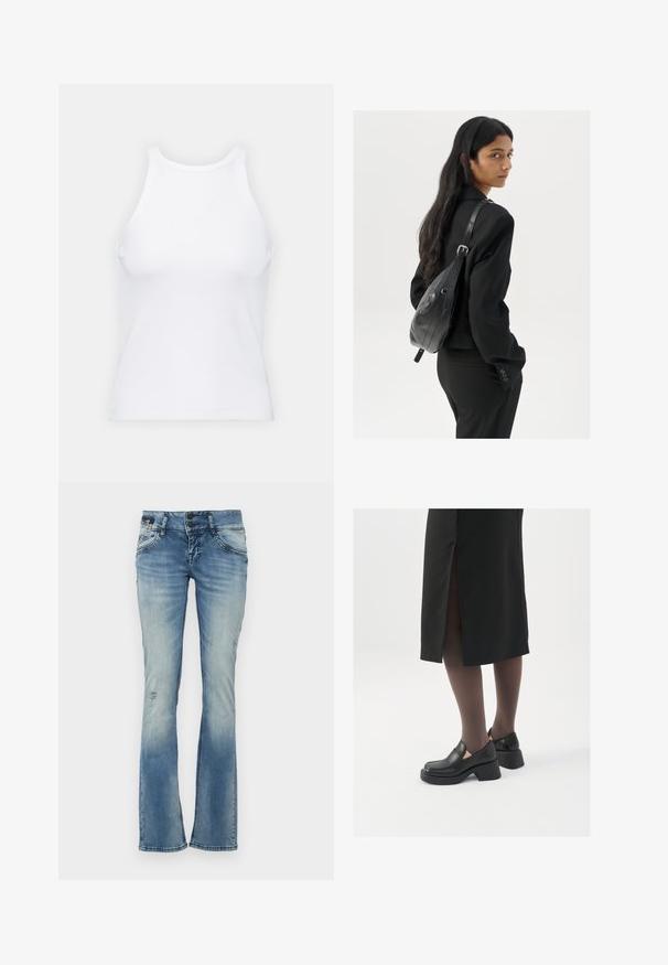 Valge ilma varrukateta T-särk, mis on valmistatud ribakangast, ümarate kaelustega ja kitseneva siluetiga, minimaalse õmbluste ning ilma kaunistusteta.; Flaared sinised teksad, mis on valmistatud denimist, heledama pesuga, millel on kulumismuster, kulunud detailid ja kaks esikotti, millel on tikitud aktsendid.; Mustad mustad jalatsid ümmarguse varbaga, paksu plokkniidi ja elastsete külgdetailidega, kombineeritud tumedate sukkade ja musta lõhikuga seelikuga.; Pikkade tumehaired naine mustas ülikonnas, kandes musta nahast õlakotti, vaatab üle õla valge tausta taustal.; Hõbedased rõngastikkaehingad minimalistlikus disainis. Ümar kuju, sile tekstuur ja õhuke profiil. Kerged ning poleeritud viimistlusega.