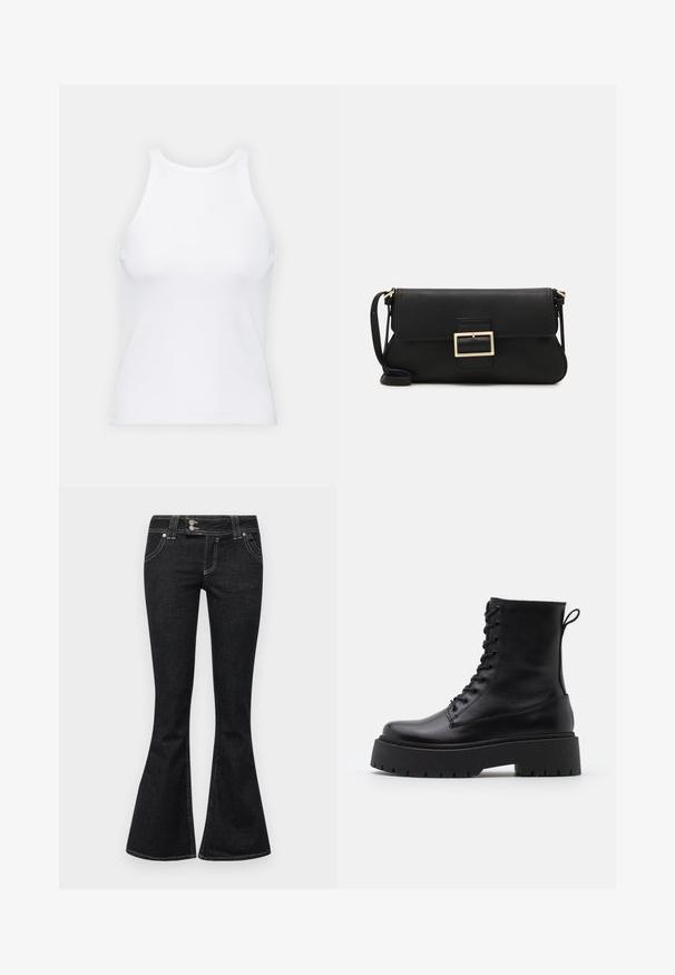 Λευκό μανίκι τοπ χωρίς μανίκια φτιαγμένο από ριμπ ύφασμα, με στρογγυλή λαιμόκοψη και εφαρμοστή σιλουέτα, με ελάχιστες ραφές και χωρίς διακοσμήσεις.; BDG Urban Outfitters BROOKE - Τζιν Bootcut - black; Μαύρες δερμάτινες μποτάκια μέχρι τον γ ankles με στρογγυλή μύτη, κορδόνια μπροστά και χοντρή ελαστική σόλα με υφή. Λωρίδα στην πλάτη.; Μαύρη δερμάτινη τσάντα φάκελος με καπάκι και χρυσή μεταλλική λεπτομέρεια αγκράφας. Περιλαμβάνει μαύρη θήκη και κομψό, μινιμαλιστικό σχέδιο.
