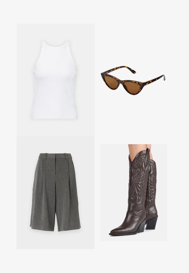 Weißes ärmelloses Tanktop aus geripptem Stoff, mit rundem Ausschnitt und figurbetonter Silhouette, minimalen Nähten und ohne Verzierungen.; Vero Moda VMLOVELY BERMUDA  - Shorts - medium grey melange; Braune Leder-Cowboy-Stiefel mit spitzem Punkt und Blockabsatz, die über detaillierte Stickereien und hervorgehobene Akzente am Schaft verfügen.;  Katzenaugen-Sonnenbrille mit einem schwarz-orangenen Schildpattrahmen, braunen Gläsern und schlanken, spitzen Enden. Verfügt über ein minimalistisches Logo am Bügel.; Schwarze Leder-Clutch mit Klappe und goldfarbenem Metallschnallen-Detail. Enthält einen schwarzen Riemen und ein schlankes, minimalistisches Design.