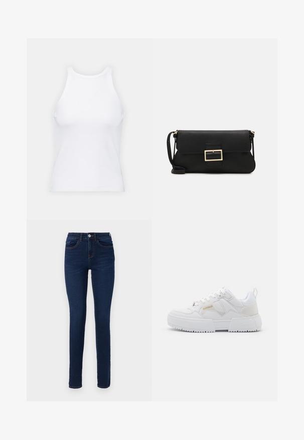 Fehér ujjatlan trikó ribbed anyagból, lekerekített nyakkivágással és testhez simuló siluettel, minimális varrásokkal és díszítések nélkül.; Sötétkék skinny farmernadrág, mely denimből készült. Elöl gombos záródás, övbujtók és diszkrét varrási részletek találhatók rajta. Kényelmes mindennapi viselethez megfelelő.; Fehér, tömzsi dizájnú sneaker, amely bőrből és szintetikus anyagokból készült, texturált részletekkel, fűzőkkel és egy kiemelkedő, arany színű logóval.; Fekete bőr kézitáska hajtóka részlettel és aranyszínű fém csattal. Tartalmaz egy fekete pántot és egy letisztult, minimális dizájnt.; Arany fülbevalók sima, fényes felülettel. Kör alakú dizájn, amely kis kapoccsal és átlátszó tartozékkal rendelkezik a biztonságos viselés érdekében.