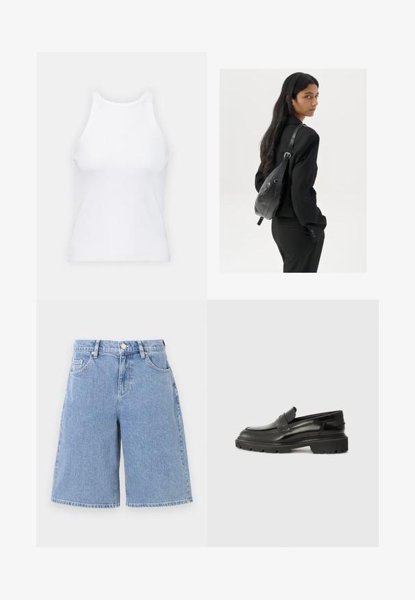 Fehér ujjatlan trikó ribbed anyagból, lekerekített nyakkivágással és testhez simuló siluettel, minimális varrásokkal és díszítések nélkül.; Világoskék farmernadrág rövidnadrág, laza szabással, magas derékkal, elülső zsebekkel és dupla varrású szegéllyel. Zökkenőmentes textúra klasszikus dizájnnal.; Fekete bőr slip-on cipők lekerekített orral, vastag, texturált talppal és diszkrét varrási részletekkel. Hátsó részén egy kis logó található.; Hosszú, sötét hajú nő fekete öltönyben, fekete bőrtáskával a vállán, a vállán át néz a fehér háttér előtt.