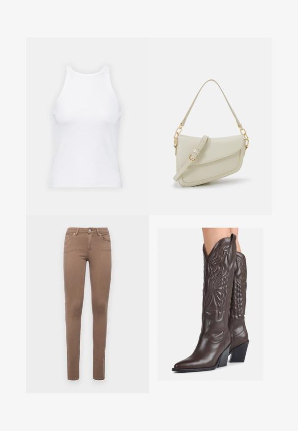 White sleeveless tank top made of ribbed fabric, featuring a rounded neckline and a fitted silhouette, with minimal seams and no embellishments.; Brown skinny jeans made from cotton blend fabric. Features five pockets, belt loops, and a front button closure. Smooth texture.; Brown leather cowboy boots with pointed toe and block heel, featuring detailed stitching and raised accents on the shaft.; Small cream handbag with a textured finish, a long adjustable strap, a chain accent, and a flap closure. Gold hardware detailing.