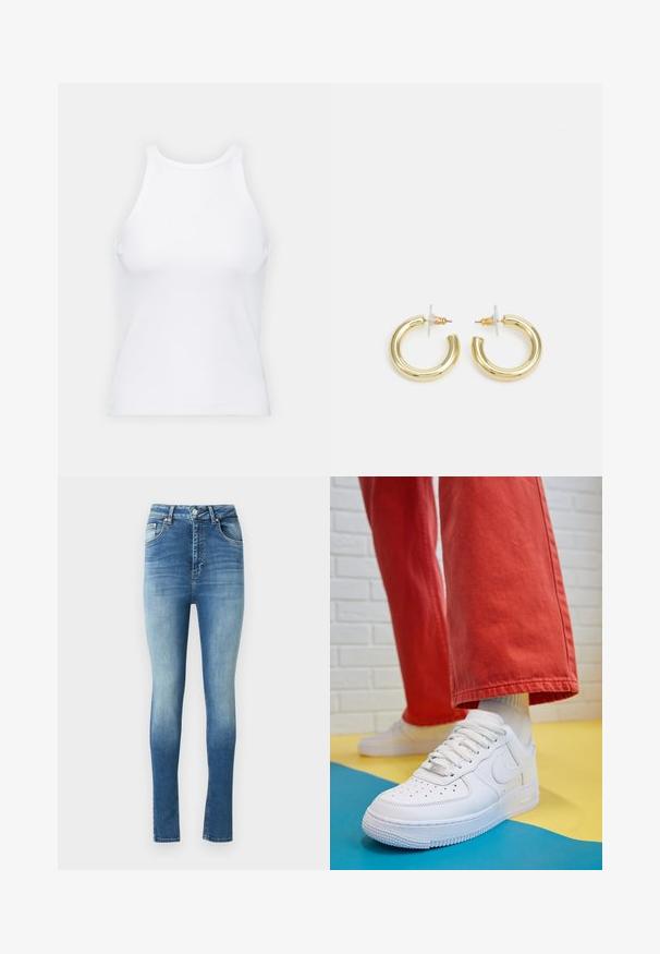 Bela brezrokavna majica iz rebraste tkanine, z zaobljenim izrezom in prilegajočim silhueto, z minimalnimi šivi in brez okraskov.; Visoko pasovi skinny traperice v bledem modrem denim z diskretnim prehodom. Ima klasičen pet-pocket oblikovanje in gumbno zapiranje.; Beli usnjeni športni čevlji s perforiranim prstnim delom, teksturiranim podplatom in belimi vezalkami, v kombinaciji s širokimi rdečimi hlačami in modro-rumeno ozadje.; Zlate uhane v obliki obročkov z gladko, sijočo površino. Krožna zasnova s majhnim nosilcem in prozornim podplatom za varno nošenje.