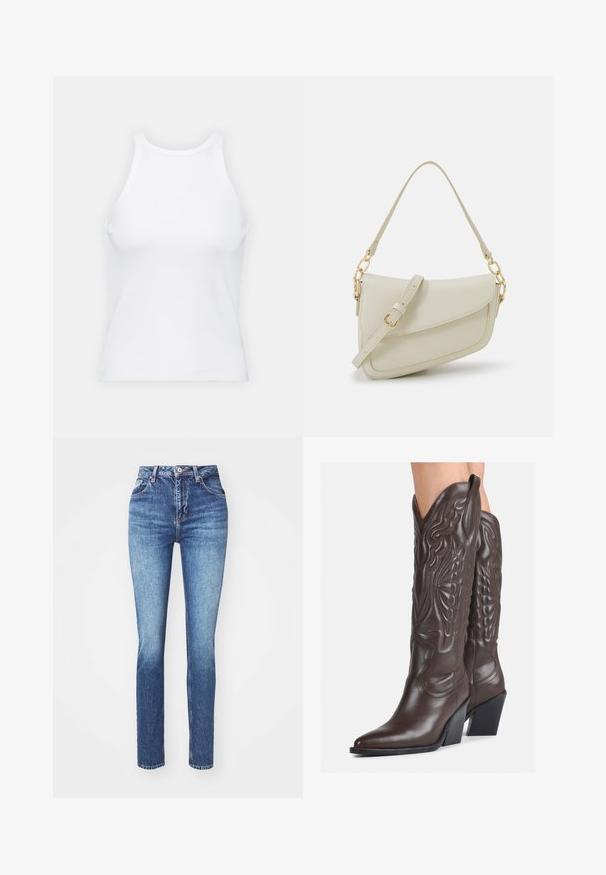 Biela bezrukávová tielko vyrobené z rebrovanej látky, s okrúhlym výstrihom a priliehavým strihom, s minimálnymi švami a bez ozdôb.; Svetlomodré denimové nohavice s vysokým pásom, so strihom rovného nohavica, klasickým dizajnom s piatimi vreckami a miernym vyblednutím. Medený gombík a detaily v švíku.; Hnedé kožené kovbojské topánky s špicatou špičkou a blokovým podrážkou, so zložitým prešívaním a vyvýšenými akcentmi na puzdre.; Malá krémová kabelka s textúrovaným povrchom, dlhým nastaviteľným popruhom, reťazovým detailom a klopovým uzáverom. Zlaté kovové prvky.