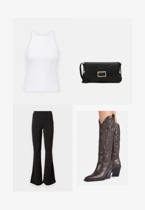 Balta bezpiedurkņu topiņš no ribotā auduma, ar noapaļotu kakla izgriezumu un pieguļošu siluetu, ar minimālām šuvēm un bez rotājumiem.; Melni plati bikses, kas izgatavotas no mirdzoša auduma. Tām ir plaša jostasvieta un gluda tekstūra, ar izplūšanu no ceļa līdz apakšai.; Brūni ādas kovboju zābaki ar norādītu purngalu un blokveida papēdi, ar detalizētu šūšanu un paceltiem akcentiem uz kājas daļas.; Melnas ādas saķeres soma ar atloku un zelta metāla sprādzi. Ietver melnu siksnu un elegantu, minimālistisku dizainu.; Zeltīti metāla auskari ar gludu, izliekta dizaina. Ar atšķirīgu smailu formu, pulētu virsmu un eņģu aizdari.