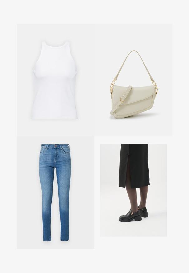 Top de tirantes blanco sin mangas hecho de tela acanalada, con un escote redondeado y una silueta ajustada, con costuras mínimas y sin adornos.; Jeans ajustados en denim azul medio. Cintura alta, diseño de cinco bolsillos, con un ligero desgaste. Acentos de costura en las costuras y el dobladillo.; Zapatos de piel negra con punta redondeada, tacón grueso y bloque, y acentos elásticos en los laterales, combinados con unos pantys oscuros y una falda negra con una abertura.; Pequeño bolso de mano crema con un acabado texturizado, una correa larga y ajustable, un acento de cadena y cierre de solapa. Detalles en hardware dorado.