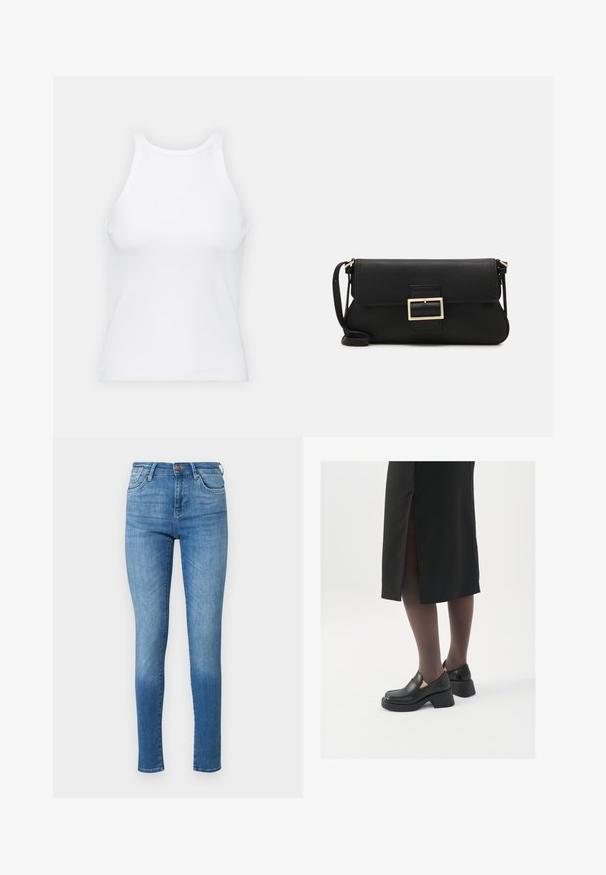 Bela brezrokavna majica iz rebraste tkanine, z zaobljenim izrezom in prilegajočim silhueto, z minimalnimi šivi in brez okraskov.; Tanke kavbojke v srednje modrem denimu. Visok pas, pet žepni dizajn, s subtilnim gubami. Šivani detajli na šivih in robu.; Črne usnjene čevlje s zaobljenim prstom, debelim blokastim petama in elastičnimi stranskimi detajli, v kombinaciji s temno nogavicami in črno krilo z razporkom.; Črna usnjena torbica na preklop z zlato kovinsko zaponko. Vključuje črn trak in eleganten, minimalističen dizajn.