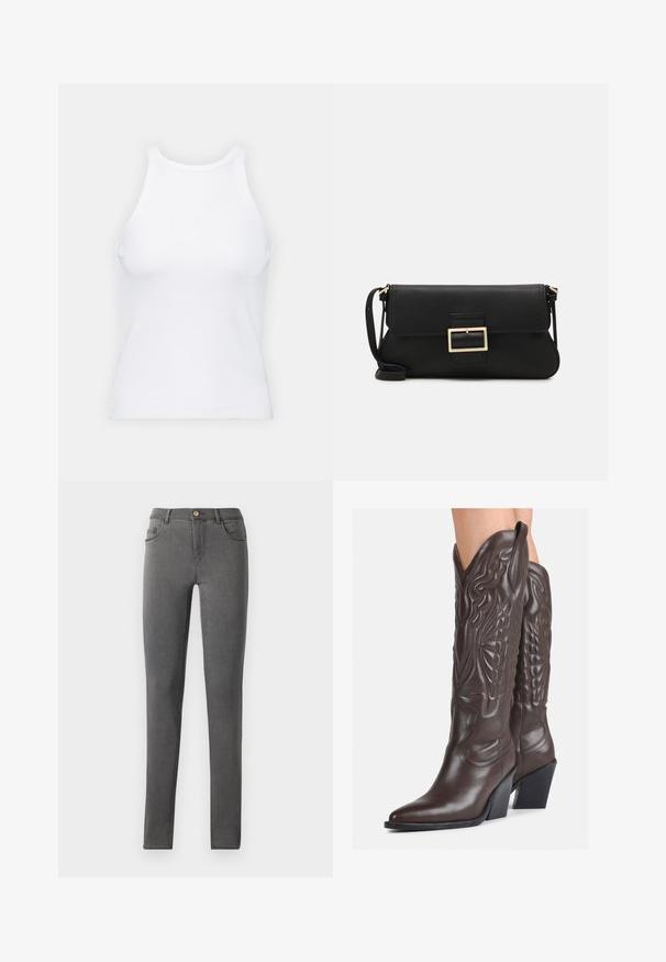 Balta bezpiedurkņu topiņš no ribotā auduma, ar noapaļotu kakla izgriezumu un pieguļošu siluetu, ar minimālām šuvēm un bez rotājumiem.; Pelēkie izskatīgi džinsi ar pieguļošu piegriezumu, piecu kabatu stilā un vienu metāla pogu jostasvietā.; Brūni ādas kovboju zābaki ar norādītu purngalu un blokveida papēdi, ar detalizētu šūšanu un paceltiem akcentiem uz kājas daļas.; Melnas ādas saķeres soma ar atloku un zelta metāla sprādzi. Ietver melnu siksnu un elegantu, minimālistisku dizainu.