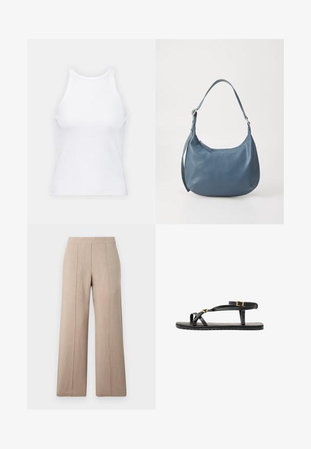 Top de tirantes blanco sin mangas hecho de tela acanalada, con un escote redondeado y una silueta ajustada, con costuras mínimas y sin adornos.; Pantalones de pierna ancha en color beige, confeccionados en tejido ligero, con pliegues frontales, una cinturilla suave y un corte recto con dobladillos limpios.; Sandalias de cuero negro con tiras delgadas y una correa de tobillo con hebilla. Suela plana con un acabado texturizado y borde en zigzag. Diseño minimalista.; Bolso de piel azul con forma redondeada, correa de hombro única, cierre de cremallera y nombre de la marca en relieve en la parte frontal. Textura suave.