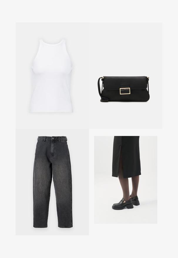Biała bezrękawnikowa koszulka wykonana z prążkowanej tkaniny, z okrągłym dekoltem i dopasowanym krojem, o minimalnych szwach i bez ozdób.; Czarne dżinsy o luźnym kroju, pięć kieszeni, z zapięciem na guzik, z lekko wyblakłym wykończeniem i prostą nogawką.; Czarne skórzane buty z okrągłym noskiem, grubym blokowym obcasem i elastycznymi akcentami po bokach, zestawione z ciemnymi rajstopami i czarną spódnicą z rozcięciem.; Czarna skórzana torebka kopertowa z klapką i detalem w postaci złotej metalowej klamry. Zawiera czarny pasek oraz elegancki, minimalistyczny design.; Srebrne kolczyki w kształcie obręczy z skręconym wzorem, z polerowanym wykończeniem i zapięciem na sztyft. Mają średnicę około 3 cm.
