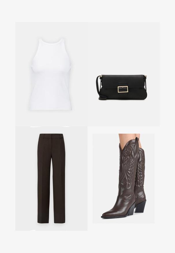 Hvit ermeløs tanktop laget av ribbet stoff, med rund hals og en tettsittende silhuett, med minimale sømmer og ingen dekorasjoner.; Selected Femme SLFRITA WIDE PANT - Bukse - coffee bean melange; Brune skinncowboystøvler med spiss tå og blokkhelt, med detaljerte sømmer og hevede detaljer på skaftet.; Svart lær clutch-veske med klaff og detalj i gullmetall. Inkluderer en svart stropp og et strømlinjeformet, minimalistisk design.; Gullfarget metalløredobber med et elegant, buet design. Har en karakteristisk spiss form, polert overflate og hengsel-lukking.