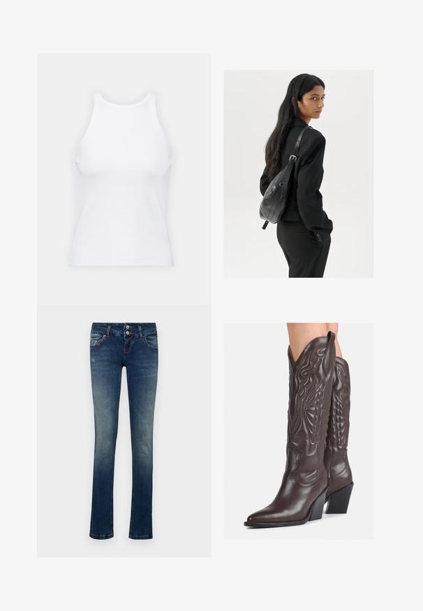 Bijela majica bez rukava napravljena od rebraste tkanine, s okruglim izrezom i uklapajućim siluetom, s minimalnim šavovima i bez ukrasa.; Plave traperice s uskim krojem, koje imaju zatvaranje na dva gumba, izblijedjeli efekt i blage ogrebotine na prednjim džepovima.; Smeđe kožne kauboj čizme s šiljastim vrhom i blok-potpeticom, s detaljno izvezenim šavovima i uzdignutim naglascima na okovu.; Žena s dugom tamnom kosom koja nosi crno odijelo, drži crnu kožnu torbu preko ramena i gleda unazad na bijeloj pozadini.
