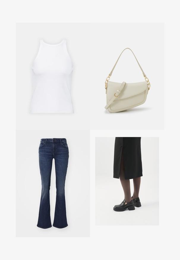 Baltas be rankovių marškinėlis, pagamintas iš išklotinės medžiagos, su apvaliu iškirpimu ir prigludusia siluetu, minimaliais siūlais ir be dekoracijų.; Tamsiai mėlyni plačios kojų džinsai, pagaminti iš denimo, su prigludusia juosmena, penkių kišenių dizainu ir šiek tiek nusidėvėjimu, suteikiančiu tekstūrą ant šlaunų ir kelių.; Juodos odinės bateliai su apvaliu nosiu, stora blokine pakulne ir elastingais šonais, derinami su tamsiomis pėdkelnėmis ir juoda sijonu su plyšiu.; Mažas kreminis rankinukas su tekstūruotu paviršiumi, ilga reguliuojama juostele, grandinėle ir užsegimu su atvartu. Aukso detalės.; Sidabrinės pusmėnulio auskarai minimalistiniu dizainu. Apskritimo forma, lygus paviršius ir plonas profilis. Lengvi su poliruotu apdailu.