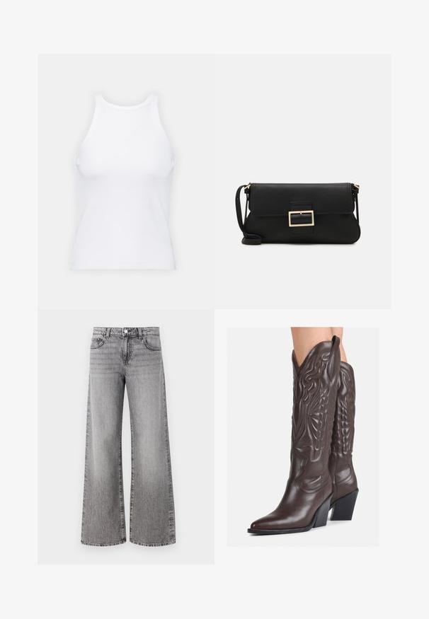Baltas be rankovių marškinėlis, pagamintas iš išklotinės medžiagos, su apvaliu iškirpimu ir prigludusia siluetu, minimaliais siūlais ir be dekoracijų.; Plati kojos džinsai iš pilkos džinsinio audinio su nudilusia apdaila. Yra klasikiniai kišenės ir mygtuko uždarymas ties juosmeniu.; Rudos odinės kaubojaus batai su smailiu priekiu ir blokuotu kulnu, pasižymintys detaliu siuvinėjimu ir iškiliais akcentais ant ašies.; Juodas odinis dėkliukas su atvarteliu ir auksinės metalinės sagties detalėmis. Įeina juodas diržas ir elegantiškas, minimalistinis dizainas.
