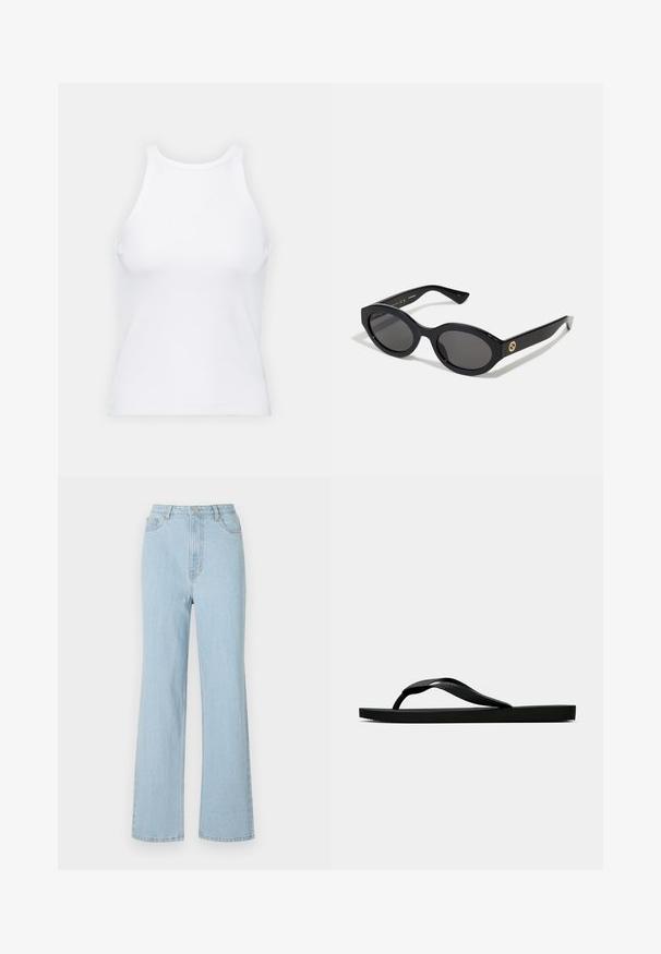 Bijela majica bez rukava napravljena od rebraste tkanine, s okruglim izrezom i uklapajućim siluetom, s minimalnim šavovima i bez ukrasa.; Svijetloplave traperice visokog struka s opuštenim krojem, širokim nogavicama i klasičnim pet džepnim dizajnom. Ima metalnu kopču i zatvaranje na munje.; Crne gumene japanke s teksturiranim remenom i jednostavnom ravnom potplatom, prikazane s strane na jednostavnoj svijetloj pozadini.; Crne ovalne sunčane naočale s tamnim staklima i sjajnim plastičnim okvirom. Sadrže zlatni logotip na sljepoočnici, što pruža elegantan i moderni dizajn.