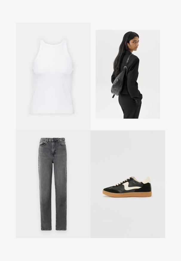 Bijela majica bez rukava napravljena od rebraste tkanine, s okruglim izrezom i uklapajućim siluetom, s minimalnim šavovima i bez ukrasa.; Traperice s visokim strukom, ravnog kroja, sive boje, s prednjim kopčanjem na gumb i zatvaračem, te prednjim i stražnjim džepovima.; Crna nubuk i kožna tenisica s kremastim bočnim swooshom i svijetlom kremastom petom. Sadrži bež vezice i gumu na potplatu.; Žena s dugom tamnom kosom koja nosi crno odijelo, drži crnu kožnu torbu preko ramena i gleda unazad na bijeloj pozadini.