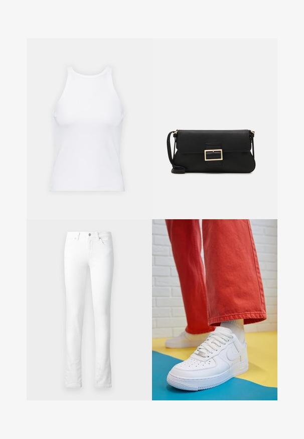 Balta bezpiedurkņu topiņš no ribotā auduma, ar noapaļotu kakla izgriezumu un pieguļošu siluetu, ar minimālām šuvēm un bez rotājumiem.; Balti denima džinsi ar šauru piegriezumu, piecu kabatu dizainu, ar rāvējslizdēju un smalkiem šuvēm. Gluda tekstūra; nav redzamu rakstu.; Baltās ādas kedas ar perforētu purngalu, teksturētu zoli un baltām auklām, apvienotas ar platām sarkanām biksēm un zilu un dzeltenu fona.; Melnas ādas saķeres soma ar atloku un zelta metāla sprādzi. Ietver melnu siksnu un elegantu, minimālistisku dizainu.; Zelta auskari ar gludu, spīdīgu apdari. Apaļš dizains, kas ietver mazu tapu un caurspīdīgu pamatni drošai valkāšanai.