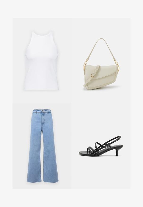 Valge ilma varrukateta T-särk, mis on valmistatud ribakangast, ümarate kaelustega ja kitseneva siluetiga, minimaalse õmbluste ning ilma kaunistusteta.; Kerged sinised laiad teksad kõrge vöökohaga, kulunud äärega ja esise nupuga sulgemisega. Valmistatud denimist, omab sileda tekstuuri ja puhtaid jooni.; Mustad musta kandaga sandaalid, millel on mitmed risti minevad rihmad. Sile materjal, terav nina ja kitsas konts. Reguleeritav pahkluuri rihm klambriga.; Väike kreemjas käekott tekstureeritud viimistlusega, pikendatav rihm, ketiläbimõõt ja klapiga sulgemine. Kuldsed metalldetailid.; Kuldne rõngassõrmused sileda ja läikiva viimistlusega. Ringikujuline disain, millel on väike post ja selge tagumine külg, et tagada kindel kandmine.