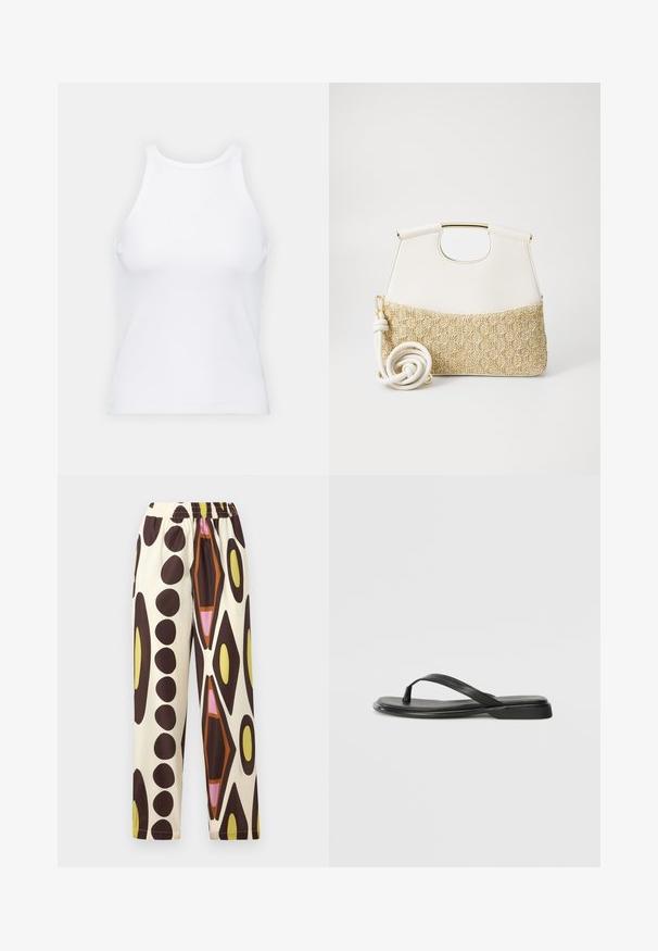 Hvit ermeløs tanktop laget av ribbet stoff, med rund hals og en tettsittende silhuett, med minimale sømmer og ingen dekorasjoner.; Bukser med elastisk liv i let materiale, med en cremefarvet baggrund udsmykket med store brune, gule, lyserøde og orange geometriske mønstre.; Sorte flip-flop laget av glatt lær, med en tynn stroppdesign og en flat såle med et minimalistisk utseende. Ingen bemerkelsesverdige mønstre eller aksenter.; Hvit lærveske med en teksturert kremfarget vevd bunn. Har en gullfarget håndtak og en spiralformet hvit stropp for allsidighet.
