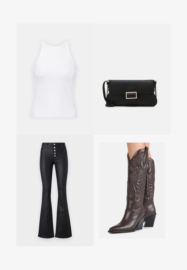 Bijela majica bez rukava napravljena od rebraste tkanine, s okruglim izrezom i uklapajućim siluetom, s minimalnim šavovima i bez ukrasa.; Crne široke hlače od glatkog, rastezljivog materijala s visokim strukom i pet metalnih dugmadi sprijeda. Imaju dva bočna džepa.; Smeđe kožne kauboj čizme s šiljastim vrhom i blok-potpeticom, s detaljno izvezenim šavovima i uzdignutim naglascima na okovu.; Crna kožna clutch torbica s preklopom i zlatnim metalnim detaljem kopče. Uključuje crnu trakicu i elegantan, minimalistički dizajn.