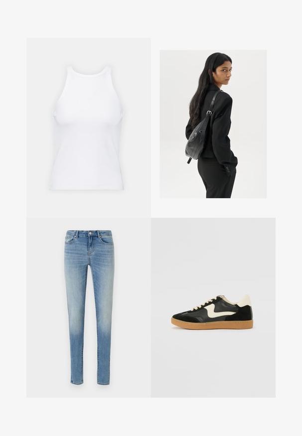 Fehér ujjatlan trikó ribbed anyagból, lekerekített nyakkivágással és testhez simuló siluettel, minimális varrásokkal és díszítések nélkül.; Világoskék farmer skinny jeggings, elmosódott mosással, klasszikus öt zsebes dizájnnal, valamint cipzáras és gombos záródással.; Fekete velúr és bőr sneaker, krém színű oldalsó swoosh-sal és világos krém színű sarokkal. Beigézett fűzőkkel és gumi talppal rendelkezik.; Hosszú, sötét hajú nő fekete öltönyben, fekete bőrtáskával a vállán, a vállán át néz a fehér háttér előtt.