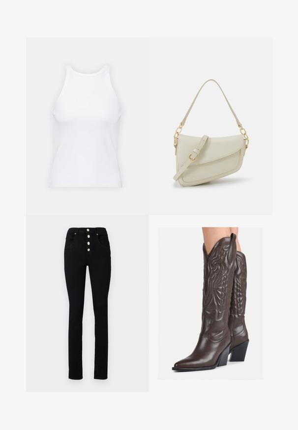 Bela brezrokavna majica iz rebraste tkanine, z zaobljenim izrezom in prilegajočim silhueto, z minimalnimi šivi in brez okraskov.; Črne visokoodrezane kavbojke z oprijetim krojem, opremljene z petimi srebrnimi gumbki na snap in sprednjimi žepi. Gladka denim tekstura brez vzorcev.; Rjave usnjene kavbojske čevlje z ostrim nosom in blok peto, ki vsebujejo podrobno šivanje in dvignjene dodatke na zgornjem delu.; Mala kremna torbica z teksturiranim zaključkom, dolgim nastavljivim trakom, verižnim poudarkom in zapiranjem na poklop. Detajli iz zlatega kovinskega materiala.