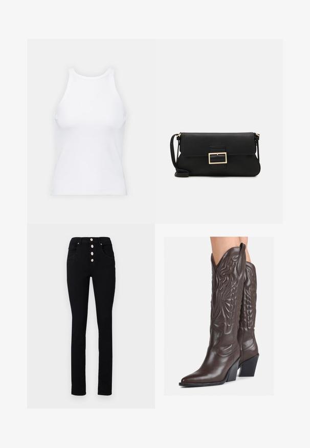 Biela bezrukávová tielko vyrobené z rebrovanej látky, s okrúhlym výstrihom a priliehavým strihom, s minimálnymi švami a bez ozdôb.; Čierne džíny s vysokým pásom a slim strihom, vybavené piatimi striebornými cvokmi a prednými vreckami. Hladká denimová textúra bez vzorov.; Hnedé kožené kovbojské topánky s špicatou špičkou a blokovým podrážkou, so zložitým prešívaním a vyvýšenými akcentmi na puzdre.; Čierna kožená clutch taška s klopou a zlatým kovovým detailom s prackou. Obsahuje čierny remienok a elegantný, minimalistický dizajn.; Strieborné kruhové náušnice s minimalistickým dizajnom. Cirkulárny tvar, hladký povrch a tenký profil. Ľahké s lesklým povrchom.