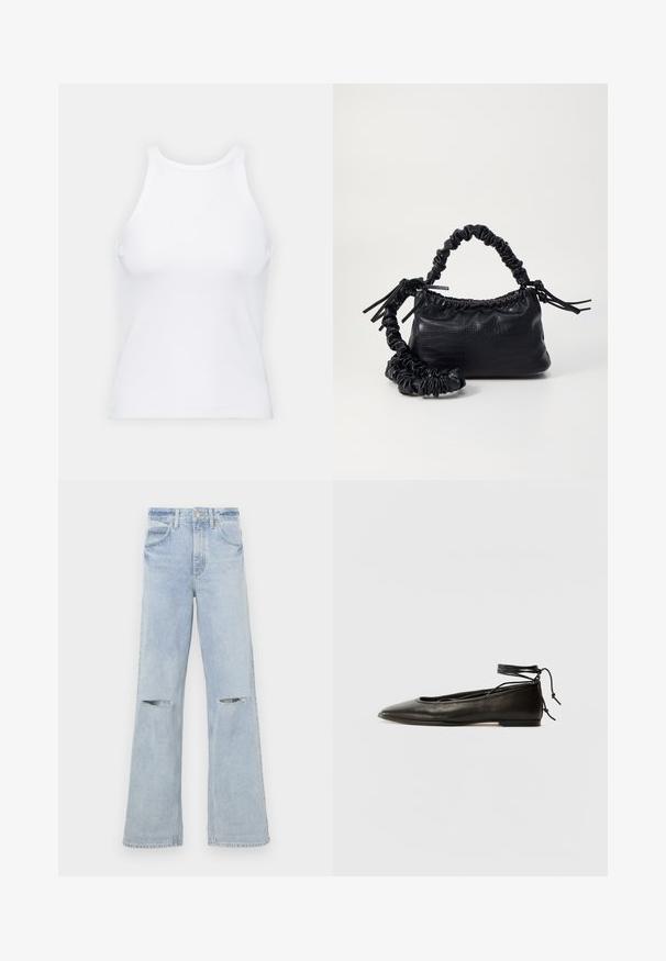 Bijela majica bez rukava napravljena od rebraste tkanine, s okruglim izrezom i uklapajućim siluetom, s minimalnim šavovima i bez ukrasa.; Svijetloplave široke traperice s izrezima na koljenima, visoki struk i klasični dizajn s pet džepova. Izrađene od denima s mekom teksturom.; Crne kožne baletanke s oštrim prstom, vezanjem oko članaka i ravnim potplatom, s glatkom teksturom i minimalističkim dizajnom.; Crna torba od umjetne kože s teksturom krokodila, s cinčanim vrhom i naboranom trakom. Izgleda mekano i kompaktno u dizajnu.