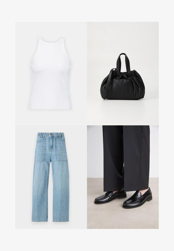 Biała bezrękawnikowa koszulka wykonana z prążkowanej tkaniny, z okrągłym dekoltem i dopasowanym krojem, o minimalnych szwach i bez ozdób.; Jasnoniebieskie dżinsy o wysokim stanie, szerokich nogawkach i dwóch dużych przednich kieszeniach. Tkanina ma gładką teksturę i subtelne przetarcia.; Czarne skórzane loafersy o gładkim wykończeniu, z haftowanym detalem wokół palców oraz niską gumową podeszwą. W zestawieniu z szerokimi czarnymi spodniami.; Czarna skórzana torebka z zebranym wykończeniem, z dwoma krótkimi uchwytami i długim regulowanym paskiem. Gładka tekstura, zaokrąglony kształt.